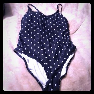 Navy and white polka dot one piece swim suite